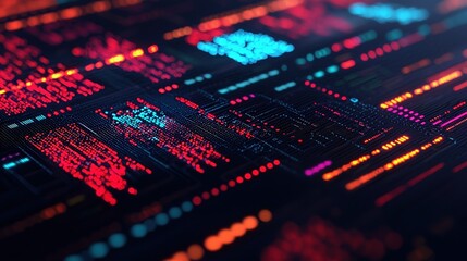 Fototapeta premium Digital rendering of a bank's cybersecurity center with holographic data streams and encryption symbols, high-tech, dark mode, neon accents.