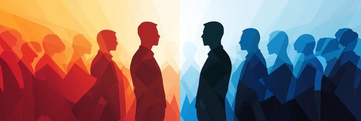 Two leaders, facing opposite directions, symbolize opposing viewpoints, conflicting ideologies, or divergent paths. They stand at the head of their respective groups, highlighting the divide and poten