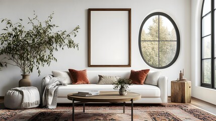 A modern living room featuring a white sofa, a vintage coffee table, an arched window, and a large, empty art poster frame, with a patterned rug beneath the coffee table and a throw blanket draped