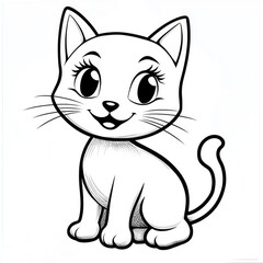 A charming and simple cat coloring page designed for toddlers featuring an adorable seated feline with big eyes, perfect for young artists to enjoy and express their creativity