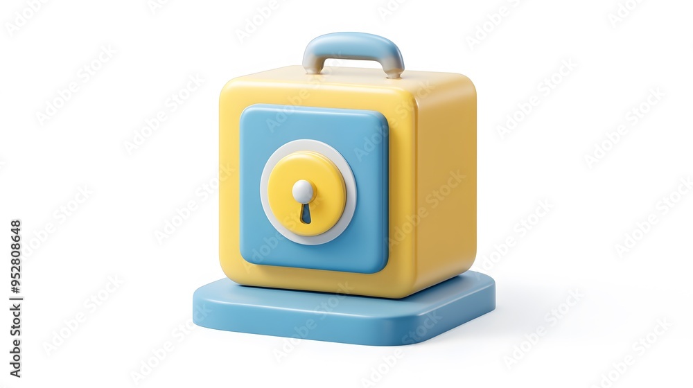Poster 
cartoon 3d icon of safe with lock. 3d illustration for finance and banking on white background. simple 3d rendering of safe on platform, white background