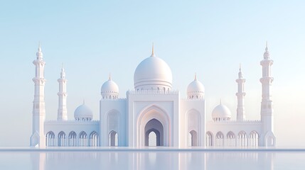 Obraz premium A Minimalist White Mosque with Multiple Domes and Minarets