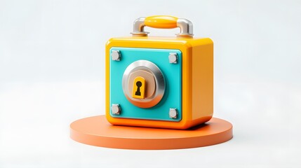 
cartoon 3d icon of safe with lock. 3d illustration for finance and banking on white background. simple 3d rendering of safe on platform, white background