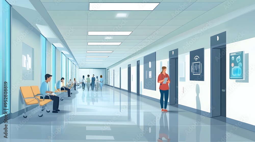 Poster graphic depicting the interior of a smart hospital with iot powered corridors that guide patients th