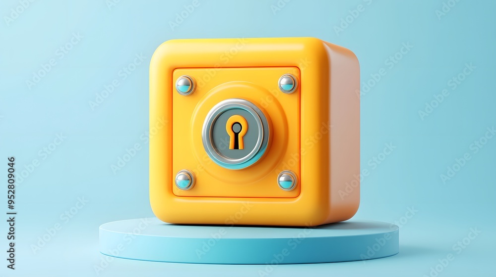 Poster cartoon 3d icon of safe with lock. 3d illustration for finance and banking on white background. simp