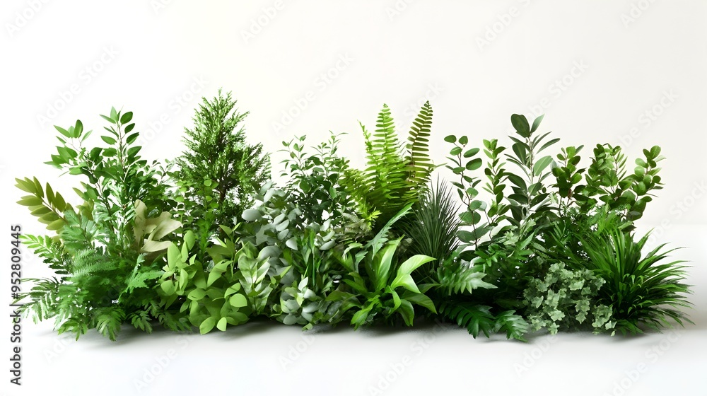 Poster curated collection of organic and angular synthetic foliage on pristine white surface