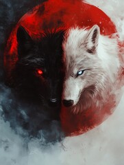 Red Blood Moon symbol with the morph of two wolves Black and White wolf Yin and Yang Intense Romanticism Red fog, intense colors, bold lines, Black Wolf red eyes white wolf blue eyes crying