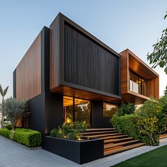 Modern luxury minimalist cubic house, villa with wooden cladding and black panel walls and landscaping design front yard. Residential architecture exterior