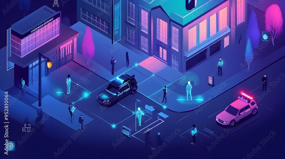 Poster graphic depicting iot enabled body wirelessly transmitting footage and data to a police station comm