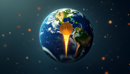 Fototapeta premium front view of the planet earth with a bitcoin coin entering vertically on a slot in the very top of the earth, dramatic style, like a piggy banck, realistic, high definition, closeup
