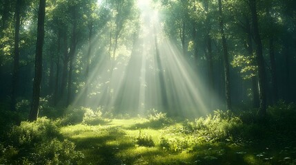 Obraz premium Sunlight streams through the trees in a lush green forest, creating a mystical and serene atmosphere.