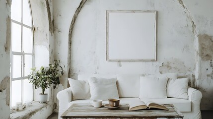 A vintage coffee table with a worn wooden surface and peeling paint, adorned with a cup of tea and a book, placed in front of a white sofa against a backdrop of an arched window and a white wall