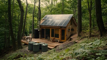 Off-grid cabin in the woods with solar panels and rainwater collection system