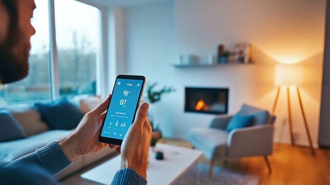 Man is Adjusting a temperature using a tablet with smart home app in modern living room. Smart Home Technology, Man Adjusts Temperature via Tablet in Modern Interior.