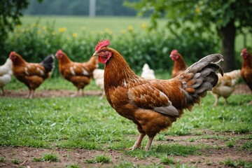 Free-range hen outdoors and eating. Factory of fresh eggs in blurred background