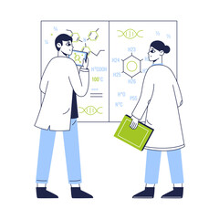 Chemistry lab workers. Biotechnology lab scientists, medical laboratory development and researching flat vector illustration. Chemical scientific scene