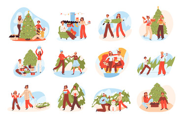 Christmas people. Characters celebrating winter holidays, decorating xmas tree and giving xmas gifts flat vector illustration set. Family Christmas festive scenes