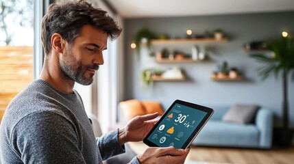 Man is Adjusting a temperature using a tablet with smart home app in modern living room. Smart Home Technology, Man Adjusts Temperature via Tablet in Modern Interior.