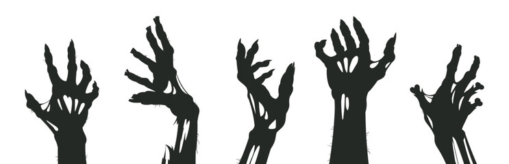 Monsters bony hands silhouettes. Halloween zombie arms, horror scrawny zombie hands flat vector illustration set. Cartoon spooky living dead creepy hands © GreenSkyStudio