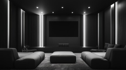modern home cinema room with black and white color scheme and stylish seating, featuring a minimalist entertainment setup