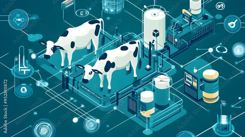 Poster graphic depicting iot connected automated milking systems revolutionizing dairy farming with enhance