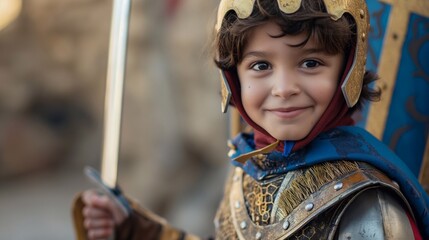 Happy boy in a gladiator costume, holding a toy sword and shield, smiles at the camera, embodying childhood joy and imagination. Child pretends to be a knight at a carnival