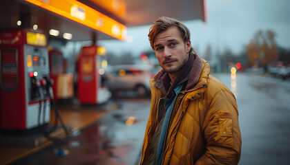 Fototapeta premium Man Standing in Front of a Gas Station – Fueling Up for the Journey Ahead