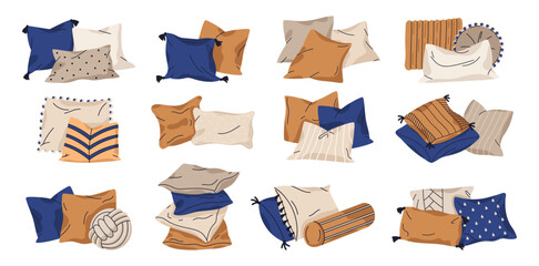 Textile cushions. Home interior sofa decor pillows isolated flat vector illustration set. Cozy soft pillows collection