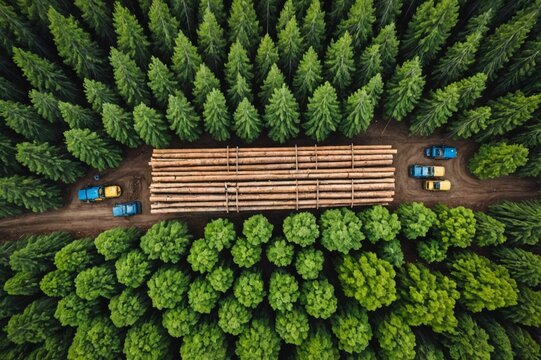 Aerial view of forest machine loading logs for transportation - Powered by Adobe