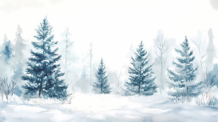 Hand drawn watercolor painting of christmas tree forest landscape. wide copy space background. Forest. Illustration
