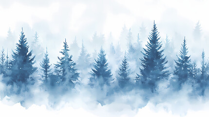 Fototapeta premium Watercolor misty pine forest border, blue winter spruce trees in fog, ethereal evergreen woodland landscape on transparent background