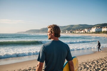 Seaside resort background and a surfer in foreground, portrait