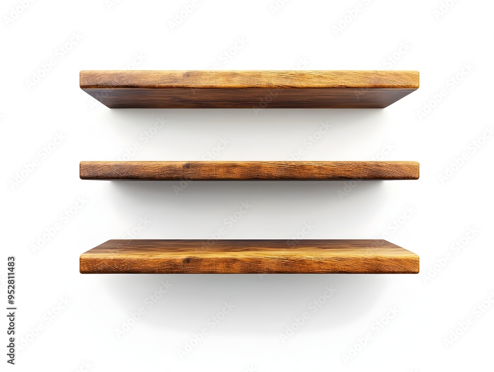 Poster elegant minimalist floating wooden wall shelves in sparse modern display on isolated white backgroun