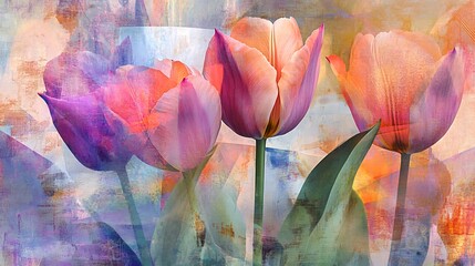 Abstract Watercolor Painting of Three Pink Tulips
