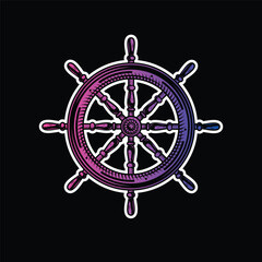 Wooden steering wheel. Old steering wheel with handles for steering a pirate boat and a cruise yacht. Original vector illustration in vintage style isolated on black background. T-shirt design.