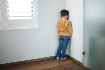 Naughty kid, boy and back to wall in home for punishment, behavior and discipline. Child, person with adhd and standing in corner of living room for time out, tantrum and expression of guilt in house