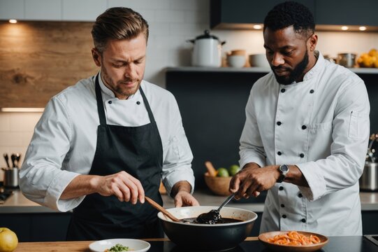 Focused professional chef wiping plate while working with black colleague pouring sauce into ceramic pot in modern kitchen