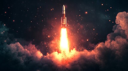 Rocket Launch Through Orange Smoke and Clouds