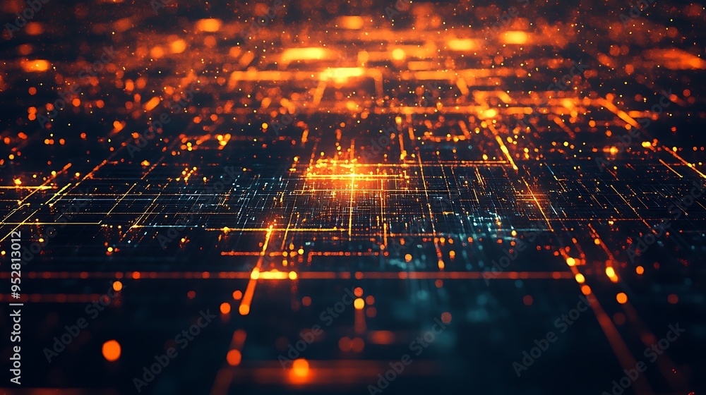Poster abstract grid with glowing lines and particles