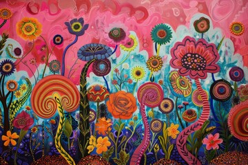 A psychedelic garden with vibrant, swirling patterns and surreal flowers