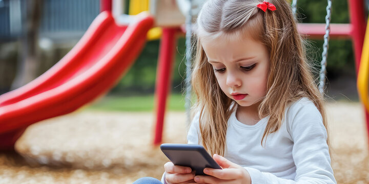 Girl child looking at a smartphone sitting on a playground with a slide and swings. The social problem of gadget addiction