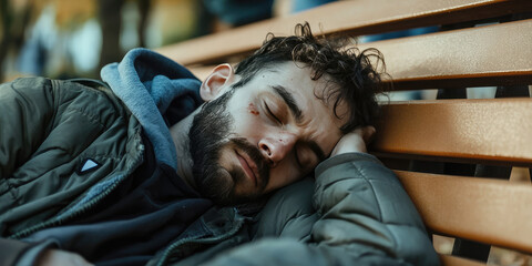 Fototapeta premium Homeless dirty drunk man bum sleeping on a park bench