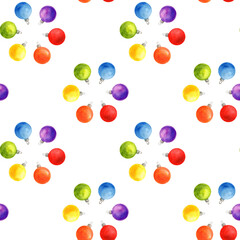 Watercolor seamless pattern with Christmas multi colored Christmas tree balls on a white background. New Year Illustration for packaging, invitations, wrapping paper, cards, fabrics, textiles.
