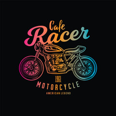 Cafe racer custom motorcycle. Original vector illustration in vintage style isolated on black background. T-shirt design.