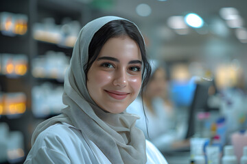 Young Arabic Female Pharmacist with Her Team in Pharmacy &ndash; Collaborative Healthcare Professionals