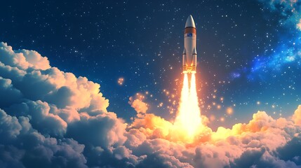 A Rocket Launching Through the Clouds and Stars