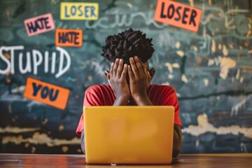 Teenager in a state of despair, head buried in hands while seated at a laptop, with a backdrop of hostile words symbolizing the torment of cyberbullying and social isolation.