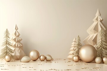 3D abstract Christmas beige background with geometric Christmas trees, ornaments 