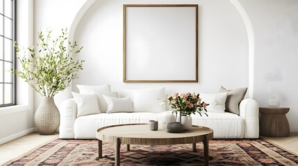 A modern living room featuring a white sofa, a vintage coffee table, an arched window, and a large, empty art poster frame, with a patterned rug beneath the coffee table and a vase of fresh flowers