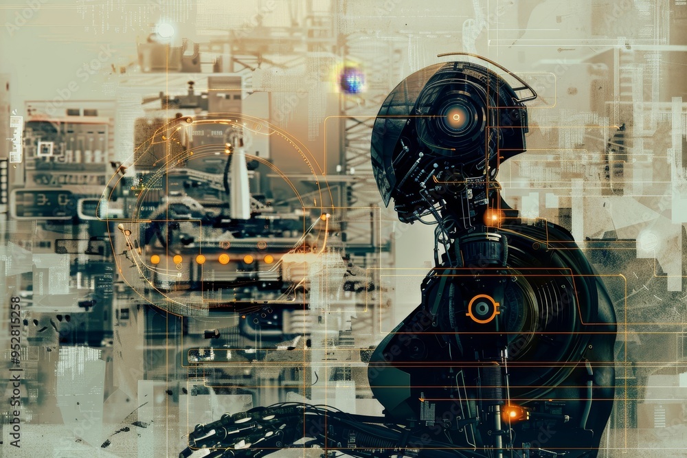Poster imagining a future where automation and technology shape the labor landscape